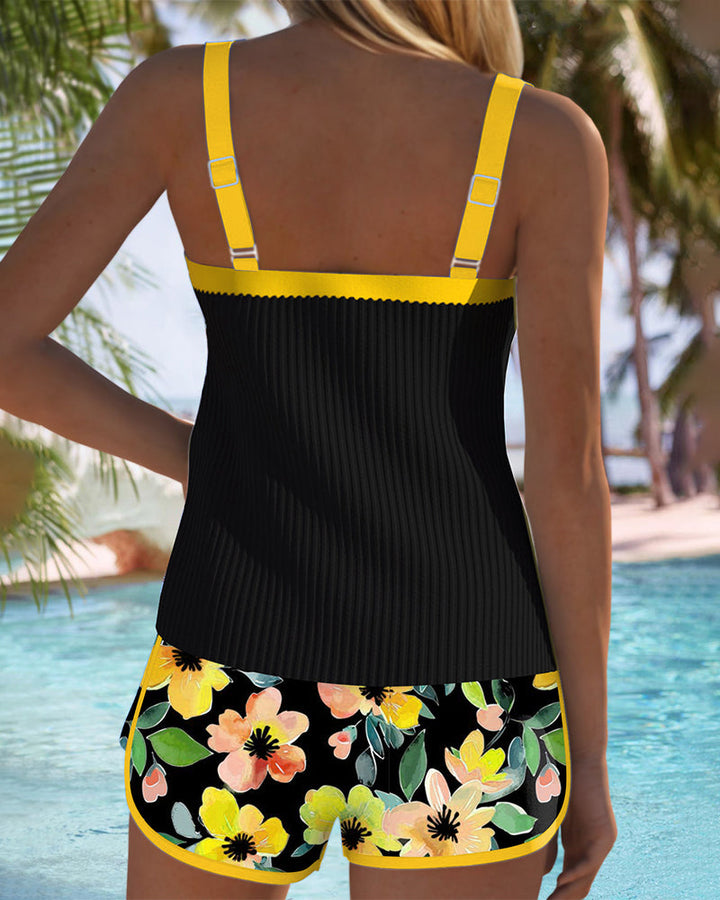 Women's elegant yellow tankini swimsuit, a flattering modest two-piece for summer fashion.