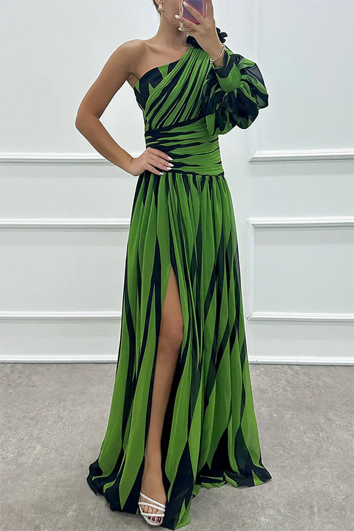 Stylish one-shoulder striped maxi dress for women, offering an elegant & flowing silhouette.
