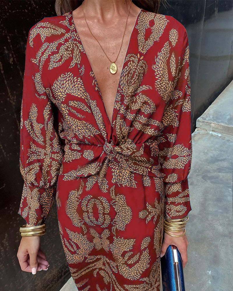 Side profile of a woman in a flowing boho wrap dress, emphasizing its stylish and versatile maxi length.