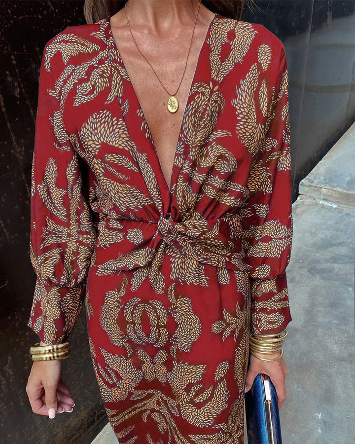Side profile of a woman in a flowing boho wrap dress, emphasizing its stylish and versatile maxi length.
