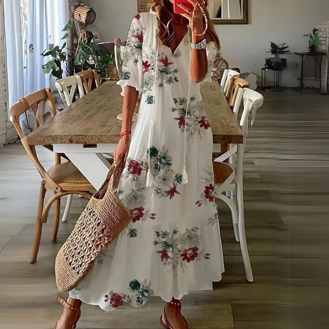 Vibrant floral print maxi dress for women, offering effortless summer style, comfort, and vacation vibes.