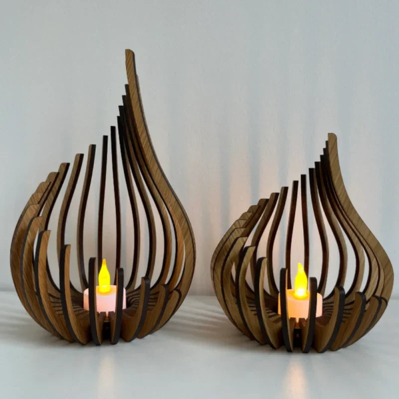 Rustic wooden tea light holder with hollow carvings, creating warm ambient lighting for home decor.