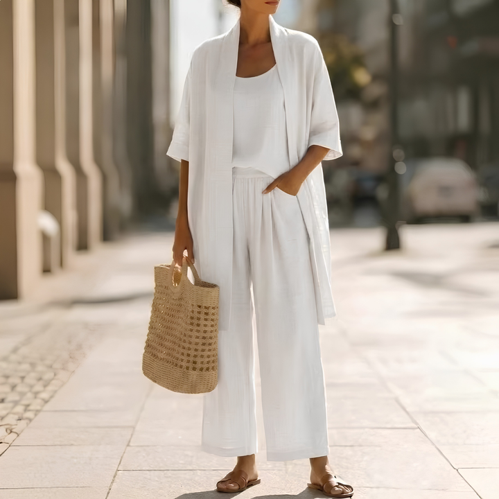 Women's elegant 3-piece set with a cardigan, sleeveless top, and straight-leg pants for versatile wear.