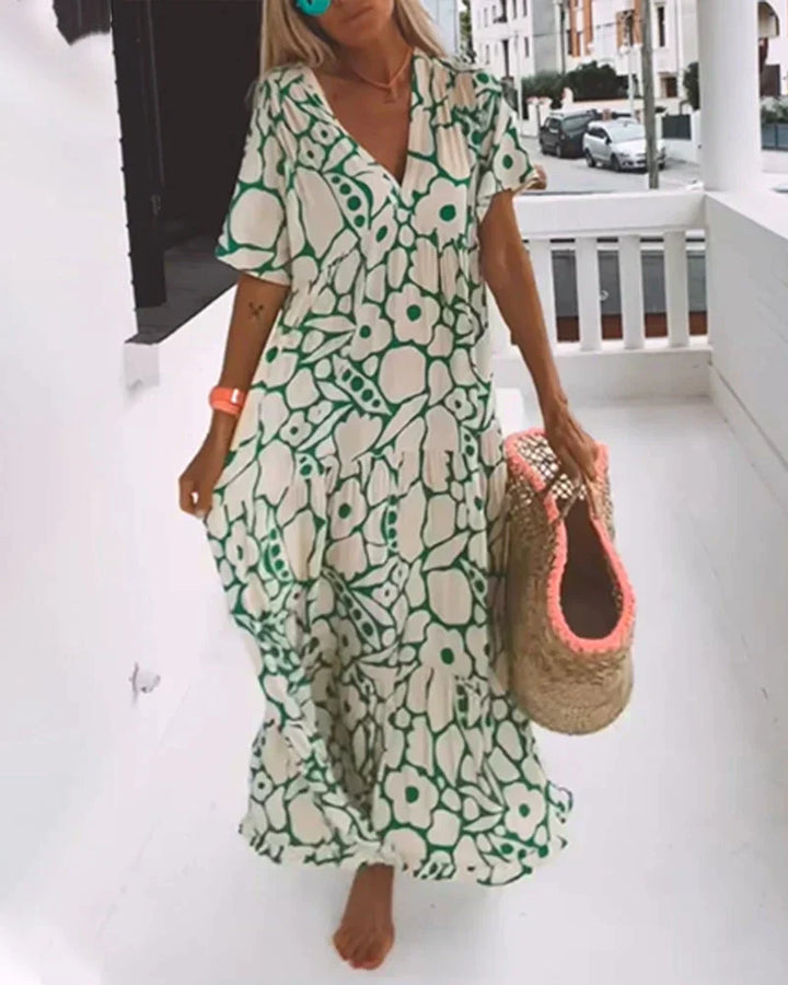 Stylish women's summer casual dress, a lightweight flowy maxi sundress perfect for vacation wear.