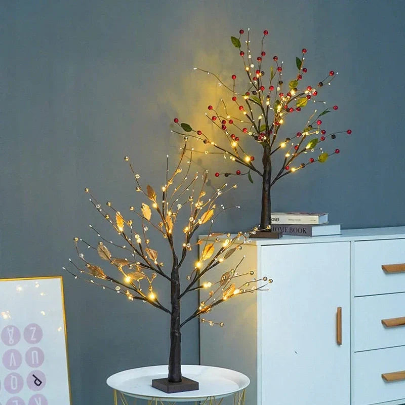 LED Bonsai Tree Light creating a warm, ambient glow in a modern living room setting. Perfect home decor accent.