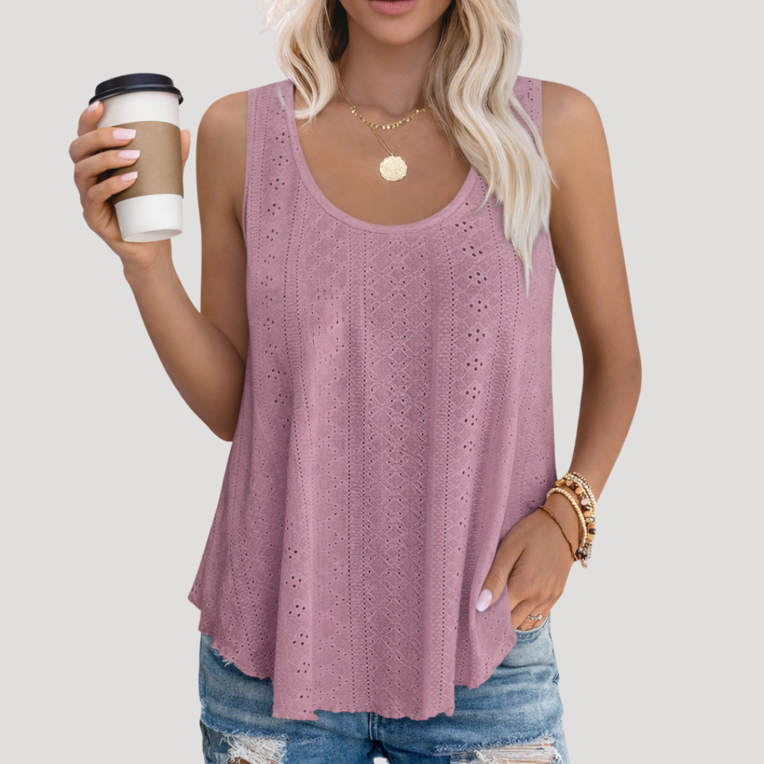 Lightweight and breezy Women's Fenella eyelet tank top, a comfortable women's sleeveless top for summer fashion.