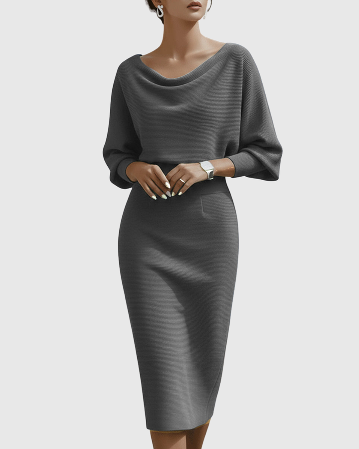Chic grey women's dress: cowl neck, batwing sleeves, midi length. Ideal for fashion wear.