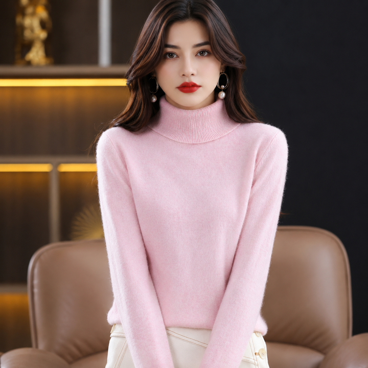 Soft women's cashmere blend sweater, a warm turtleneck ideal for sophisticated fashion.