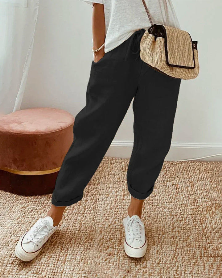 Summer women's casual tapered pants with drawstring, relaxed loose fit bottoms for everyday comfort.