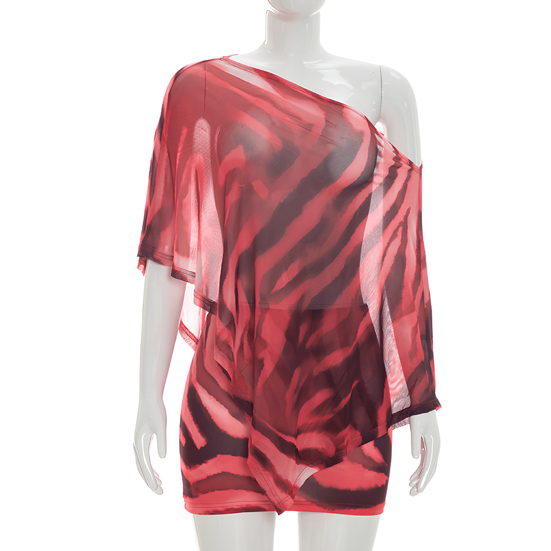 Women's fashion two-piece set: claw print off-shoulder top and bodycon midi skirt. Modern, elegant, and versatile.