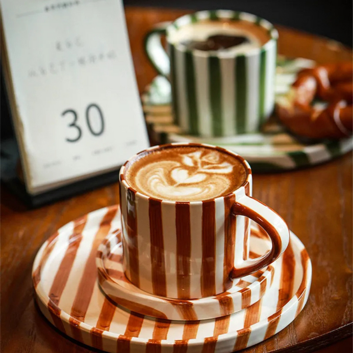 Retro chic hand-painted ceramic tea cup & saucer set, also great for coffee. Elegant kitchen decor.