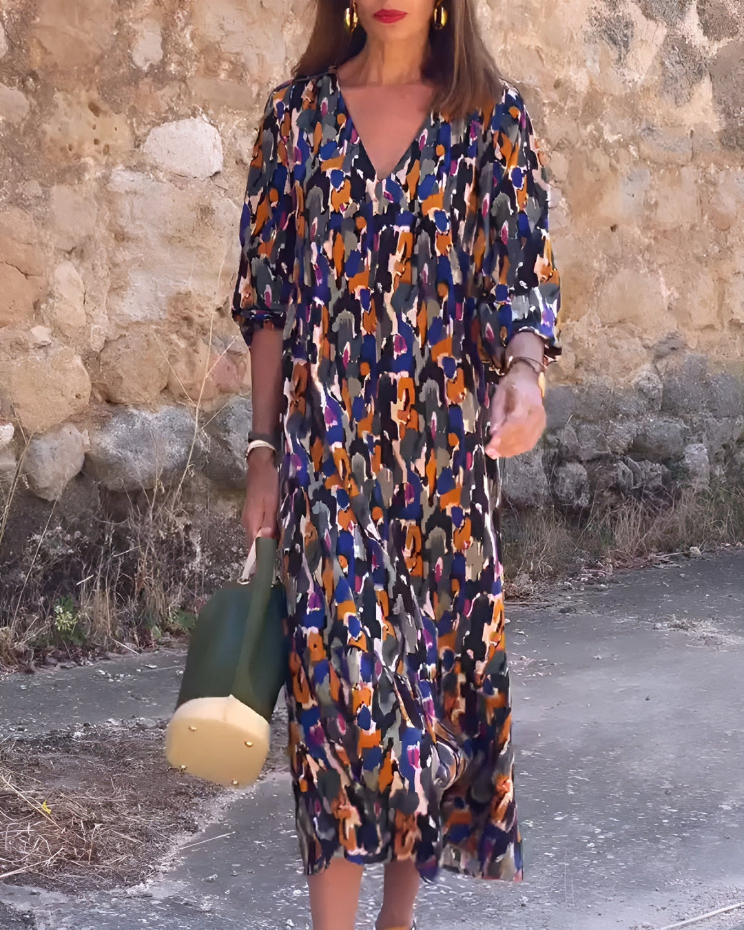 Women's Retro Print V-Neck Dress