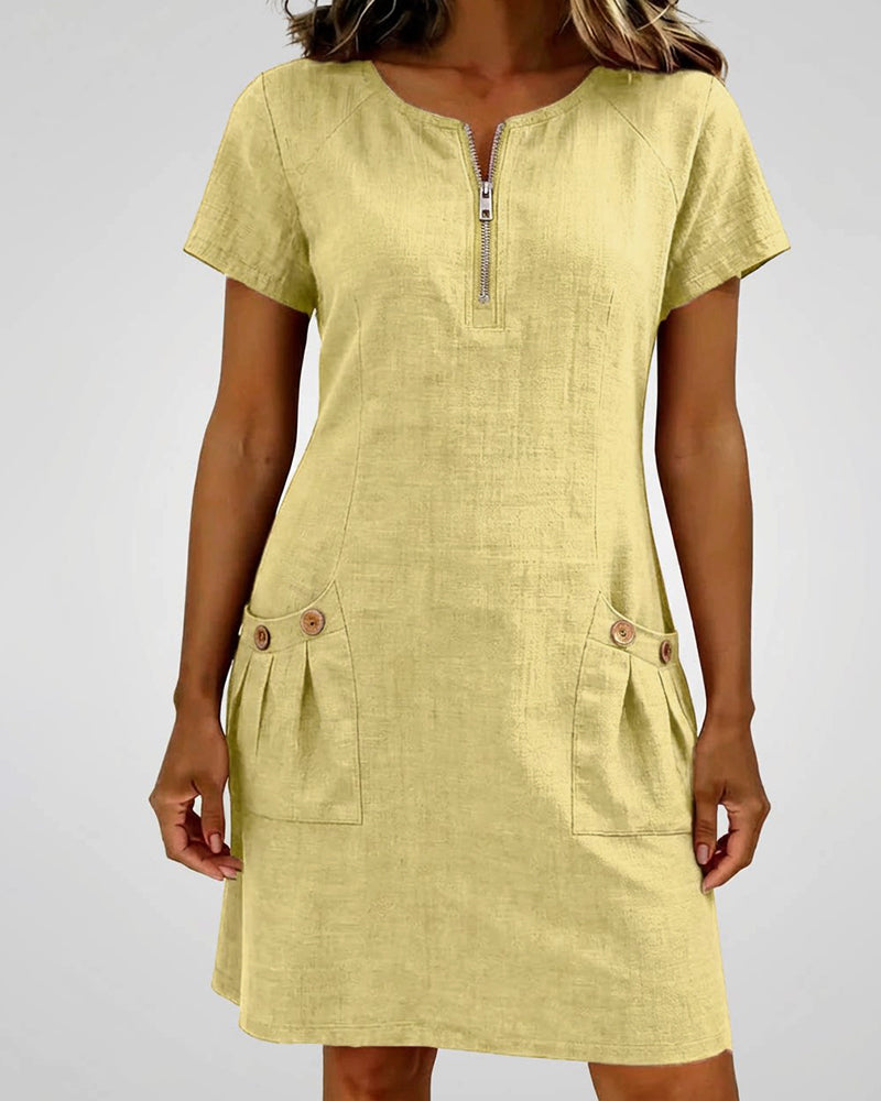 Women's Linen Zip Neck Mini Dress