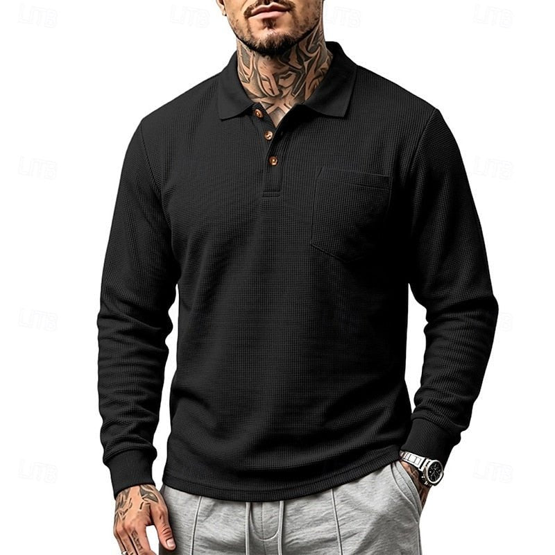 Men's textured long-sleeve polo shirt for an effortless, refined casual look. Perfect for fall & spring.