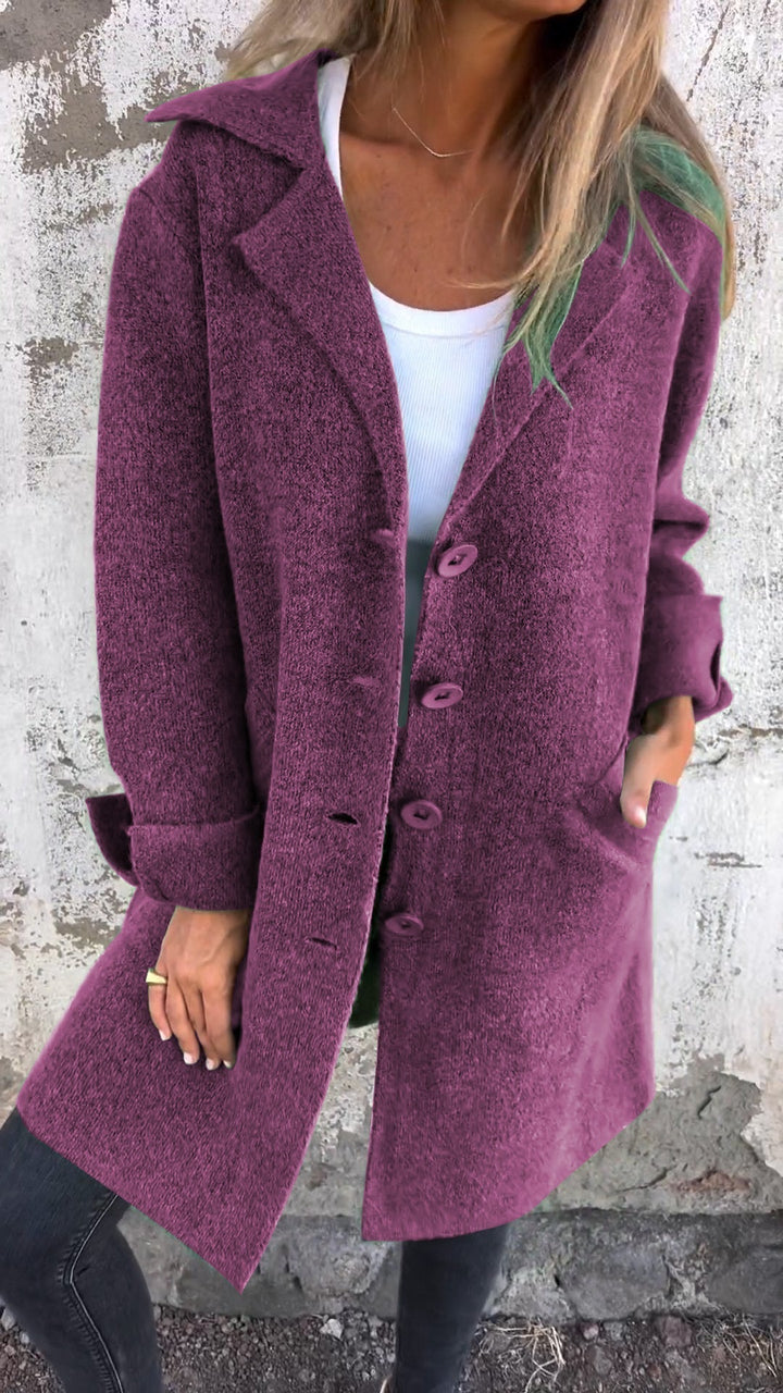 Chic women's long button coat for autumn. Elegant fall fashion outerwear, stylish & comfortable for cool days.