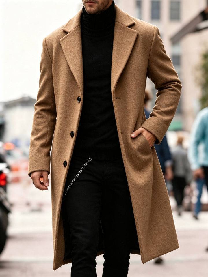 Tailored men's long trench coat, a refined classic overcoat for versatile business casual looks.