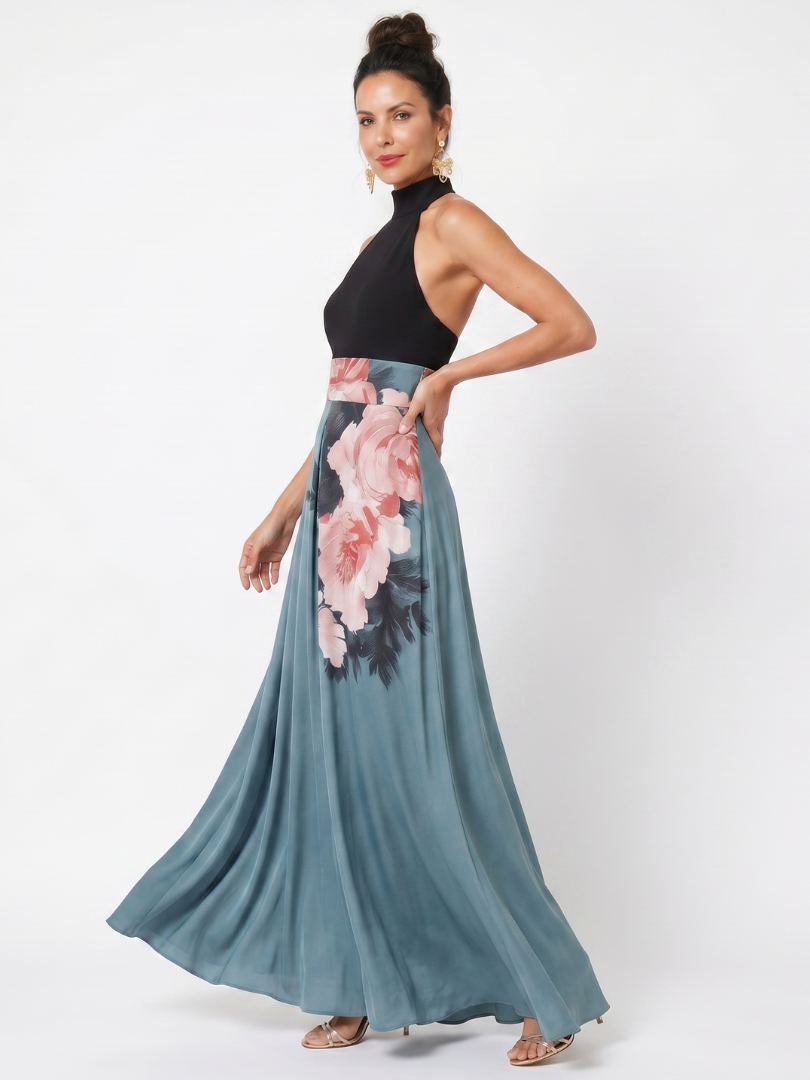 Formal women's halter neck floral maxi dress featuring a stylish front slit, ideal for evening events.