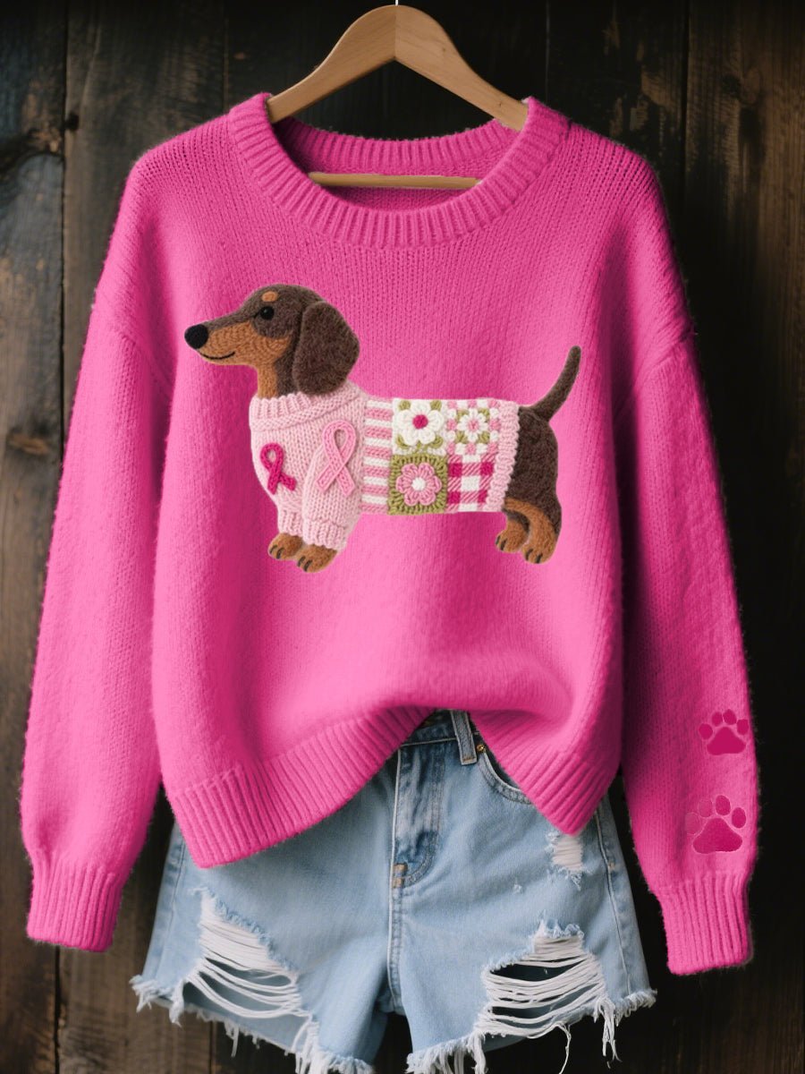 Cute women's dachshund lover sweater. Oversized knit with a playful dog graphic and ribbon. Ideal for cozy casual style.
