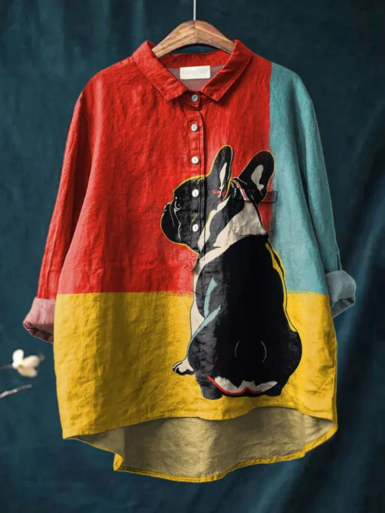 Casual men's shirt showcasing a whimsical dog and cat art print, ideal for unique fashion.