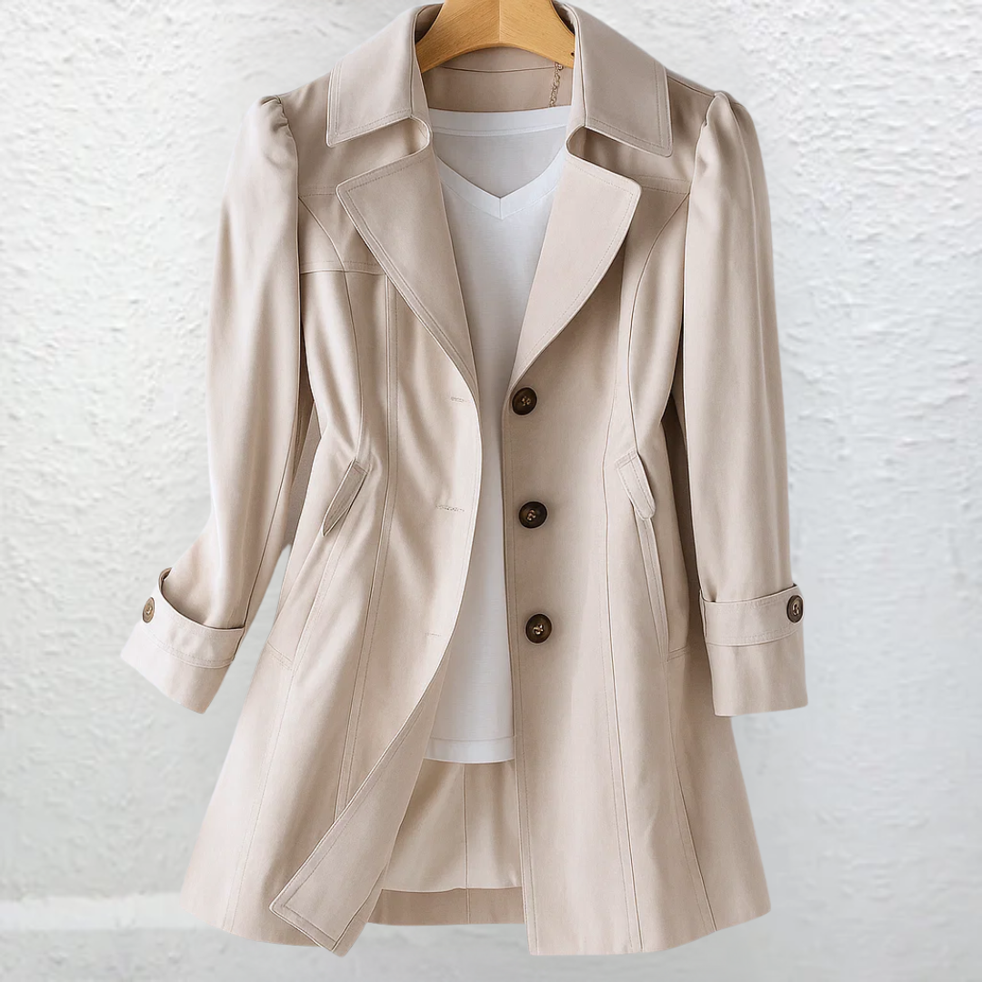 Women's elegant long trench coat featuring vintage style and practical button-front closure, versatile.