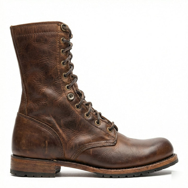 Women's dark brown leather lace-up boots with comfortable design, block heel & round toe for everyday fall/winter style.