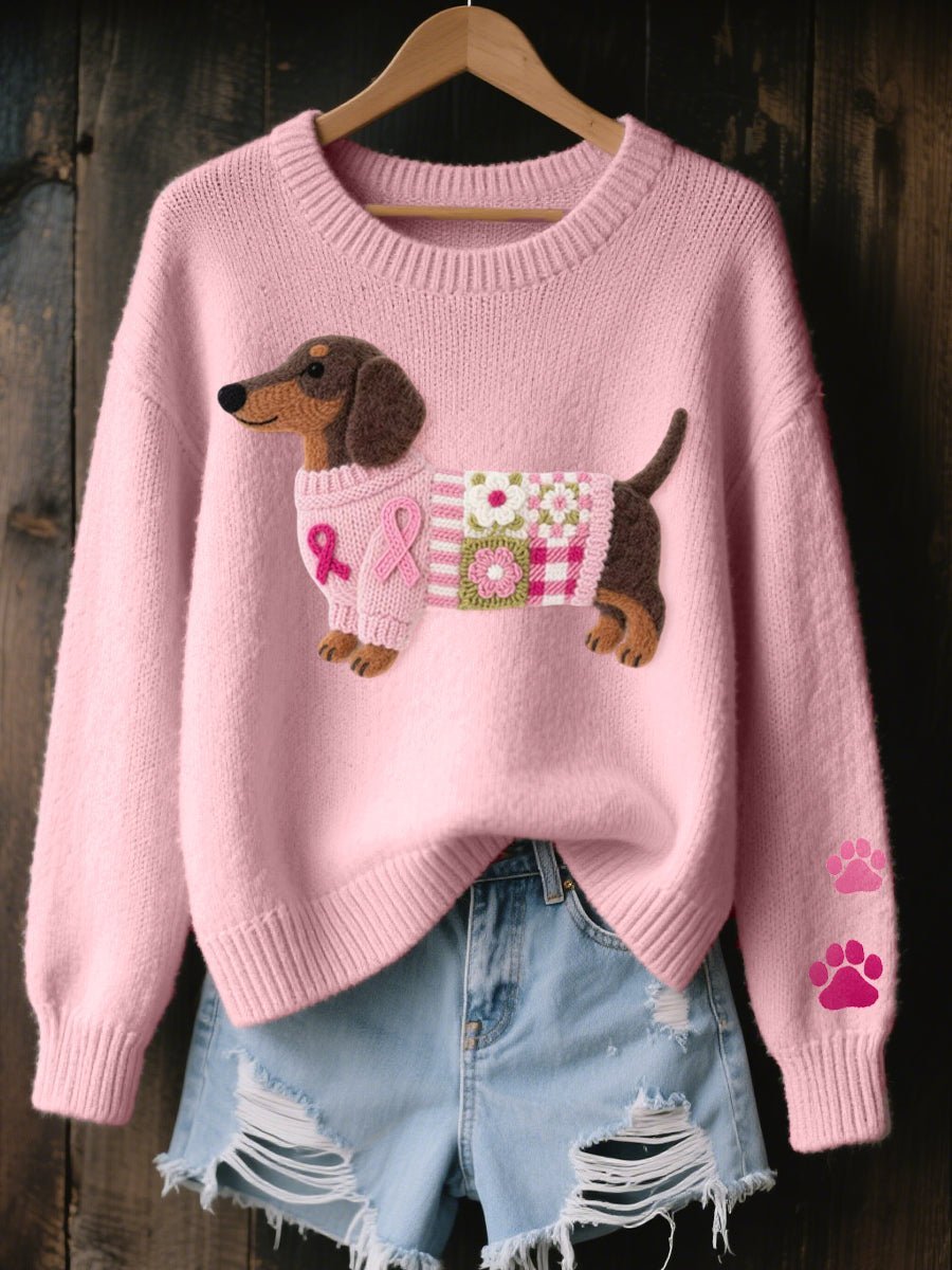 Cozy women's knitted dachshund sweater with paw print detail. Perfect for fall & winter casual wear. Soft knit.