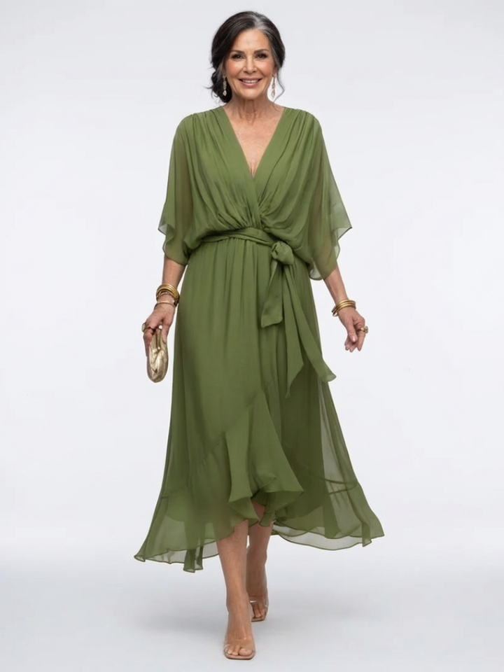 Women's Draped V-Neck Midi Dress with Tie Waist, elegant & flowy, perfect for summer occasions.