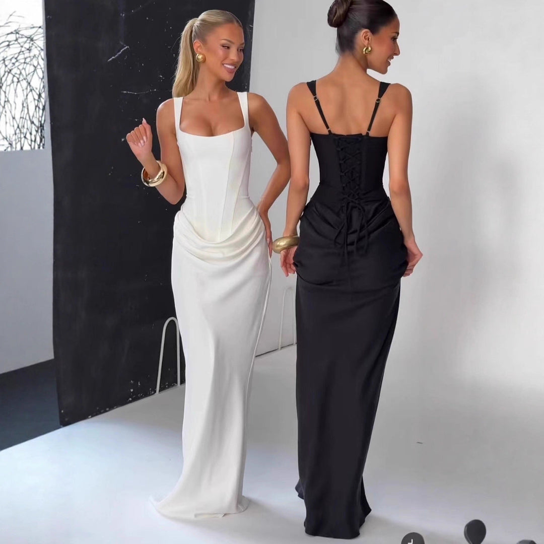 Flowing long slip dress for women, ideal for elegant summer evenings, beach parties, or vacation wear.