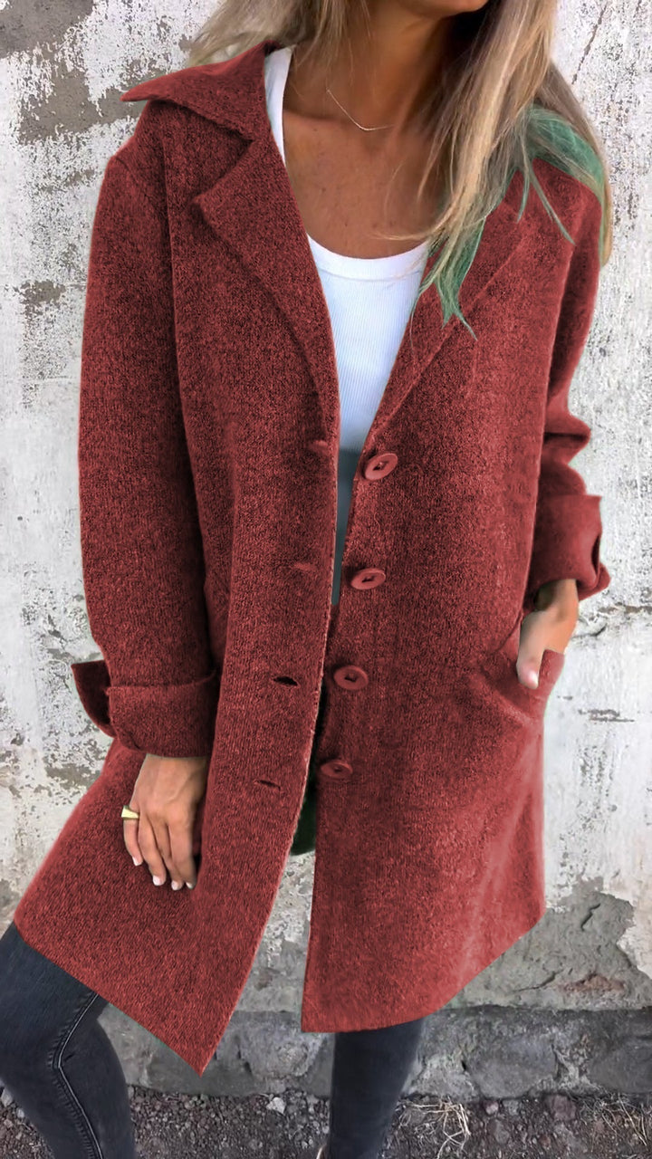 Front view of an elegant long button coat for women. Classic autumn outerwear, stylish for fall fashion.