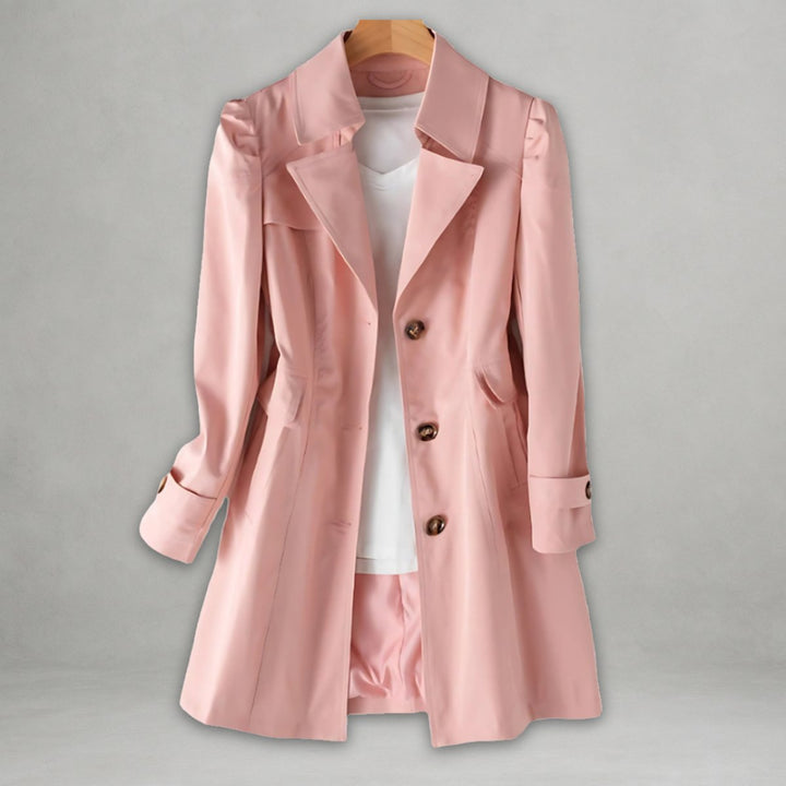 Stylish women's long trench coat, single-breasted design for a classic & elegant transitional outerwear look.