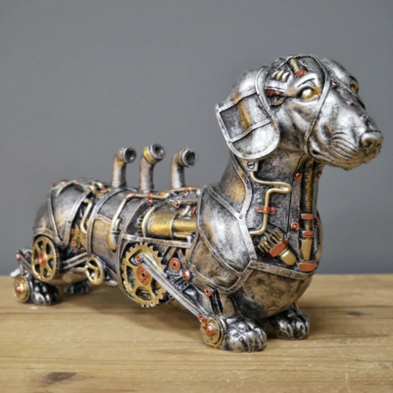 Steampunk wolf sculpture, mixed media, industrial chic desk accessory, unique collectible art.