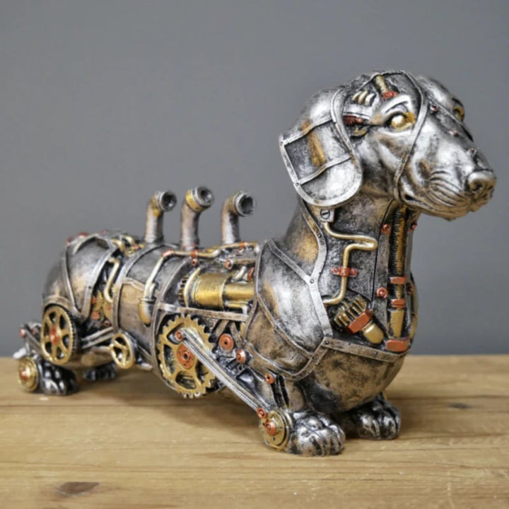 Steampunk wolf sculpture, mixed media, industrial chic desk accessory, unique collectible art.