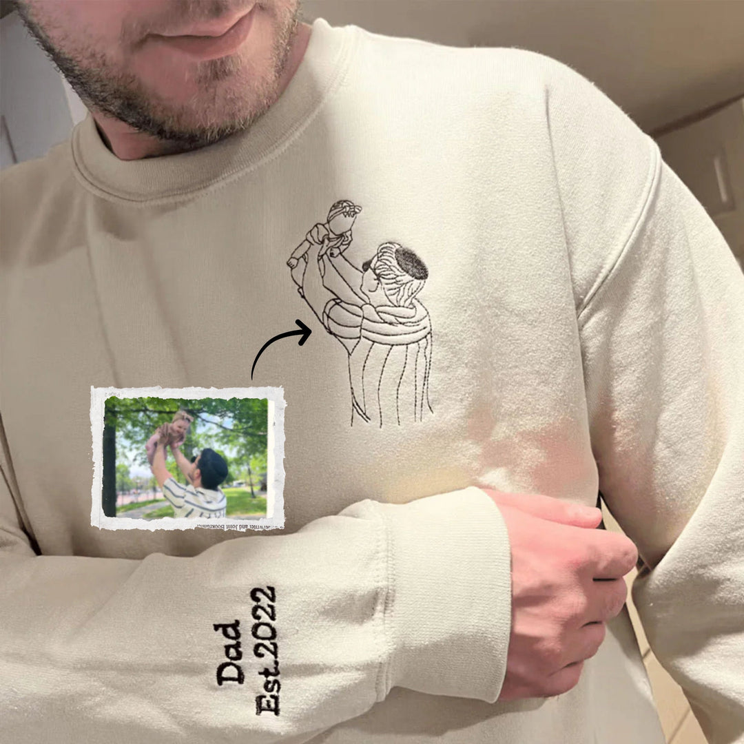 Personalized photo hoodie for fathers. Custom embroidered apparel, a unique memory gift with music player design.