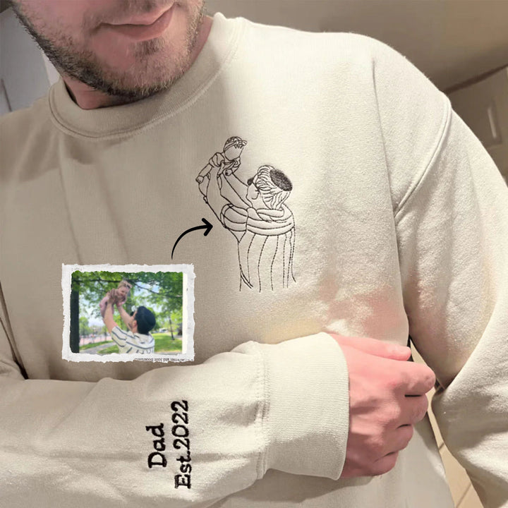 Personalized photo hoodie for fathers. Custom embroidered apparel, a unique memory gift with music player design.