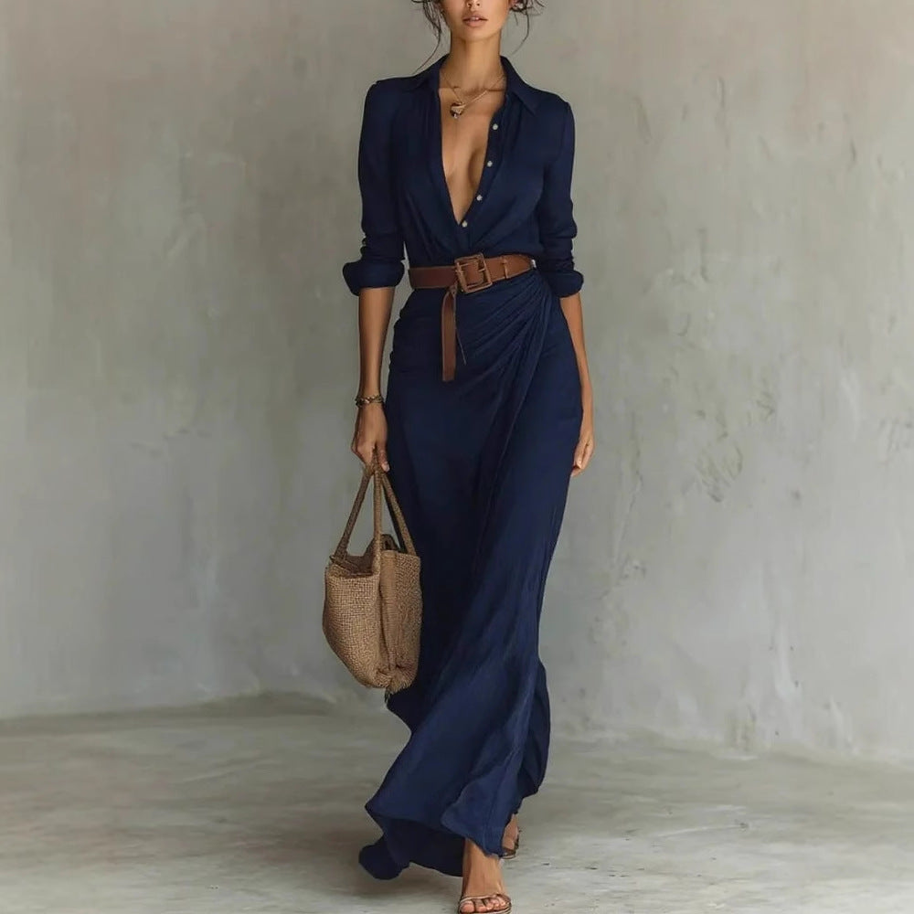 Versatile women's belted shirt dress with long sleeves & modern irregular hem, ideal for spring & autumn fashion.