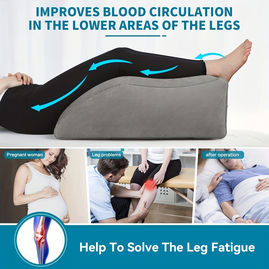 Portable inflatable leg pillow providing comfort, relaxation & elevation for better circulation.