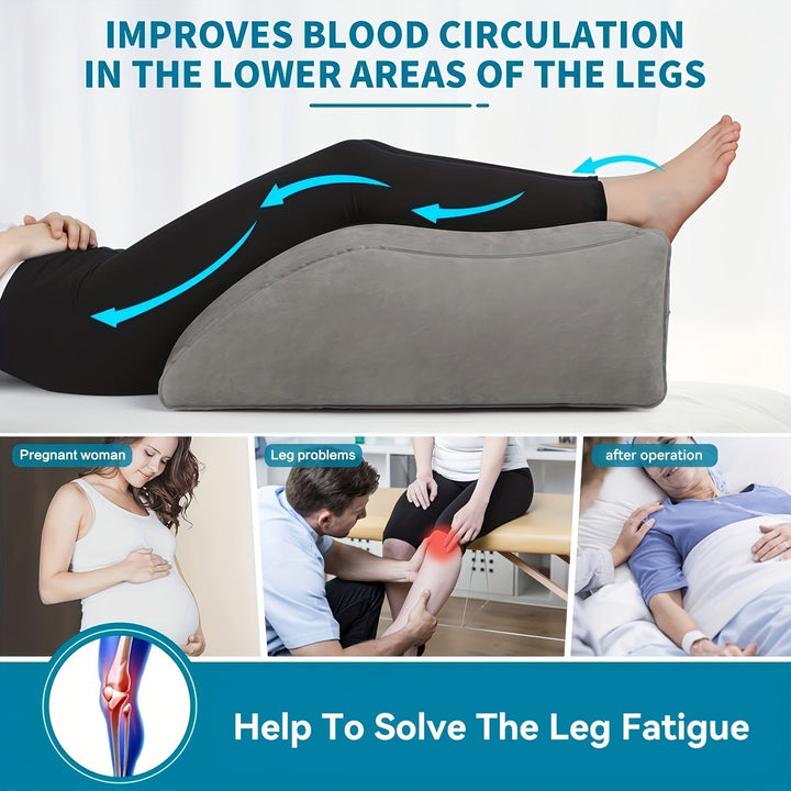 Portable inflatable leg pillow providing comfort, relaxation & elevation for better circulation.