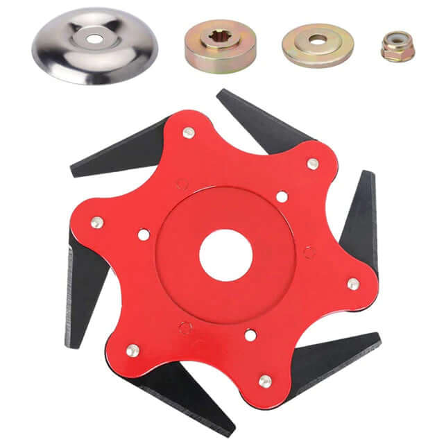 Universal 6-blade steel trimmer head for efficient grass & weed cutting. Durable landscaping tool accessory for yard care.