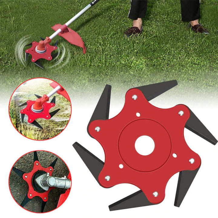 Heavy-duty universal steel trimmer head with 6 blades. Ideal for tough grass and weed cutting. Enhances outdoor power tools.