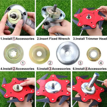 Durable 6-blade steel trimmer head for effective grass and weed removal. Universal fit for various garden and yard care tasks.