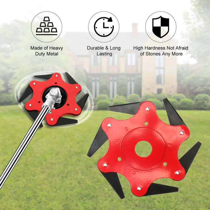 Steel grass cutter head with 6 sharp blades, designed for universal fit. Efficient weed trimmer attachment for yard maintenance.