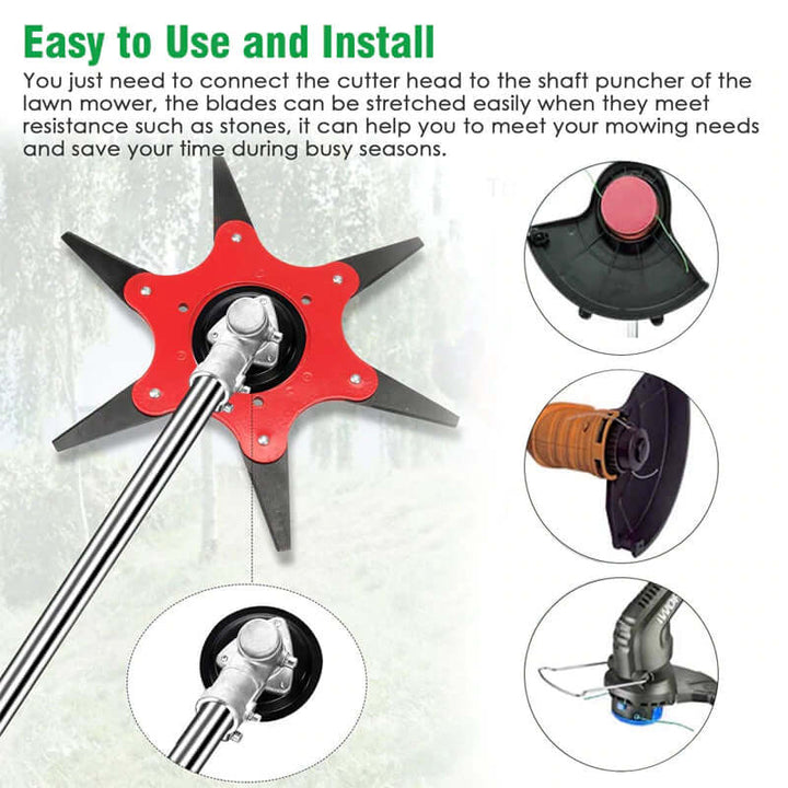 High-performance 6-blade steel trimmer head, a durable universal fit for weed & grass cutting. Essential garden tool accessory.
