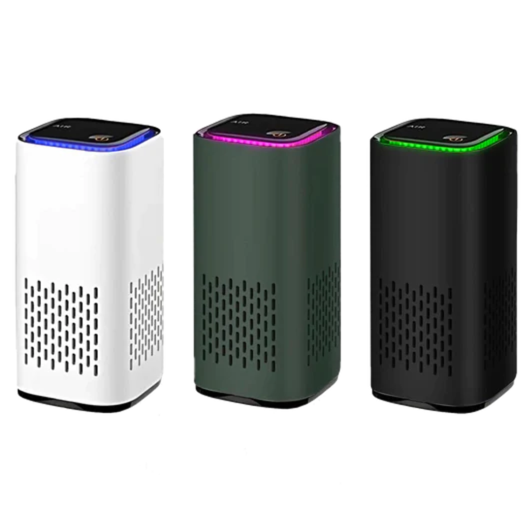 Pet air purifier in a modern living room, quietly removing pet odors and dander for a fresh home.