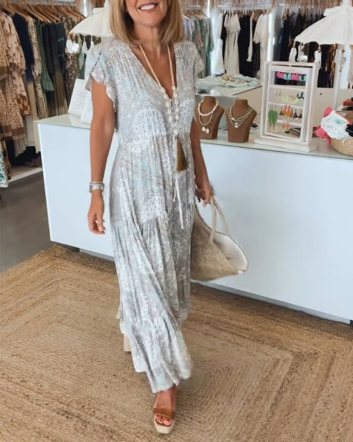 Elegant V-Neck Dress in White, Rosa, Blue