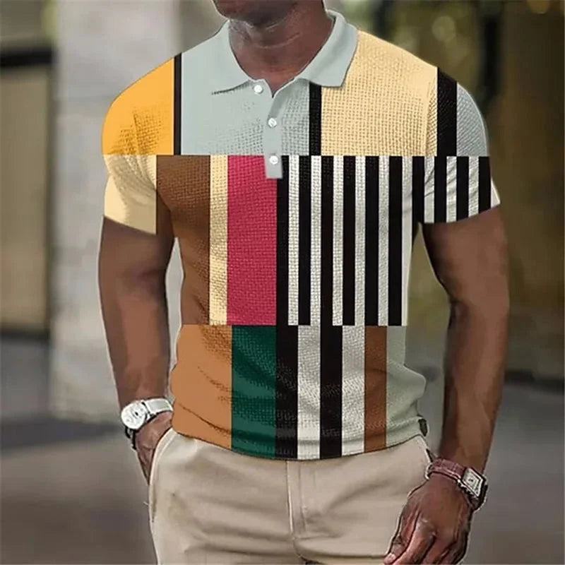 Men's vibrant plaid pattern polo shirt with bold, stylish design for casual summer wear.