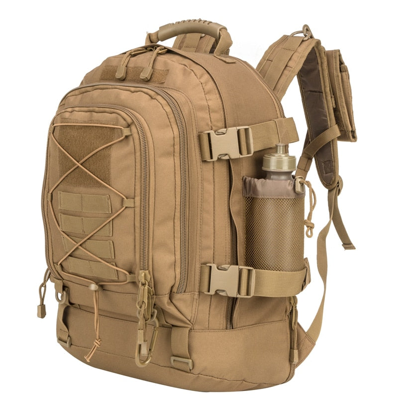 Durable military-style 60L tactical backpack for unisex outdoor adventures, hiking, & travel.
