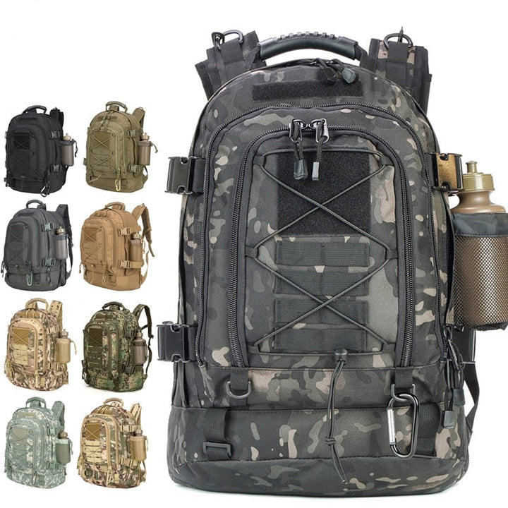 Military-style 60L tactical backpack, durable & expandable for all outdoor adventures & travel.