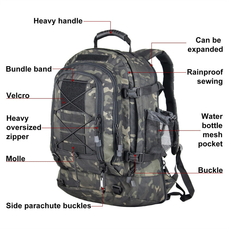 Heavy-duty 60L expandable tactical backpack, ideal for camping gear, rugged hikes, & travel.