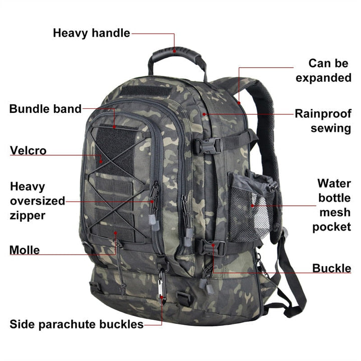 Heavy-duty 60L expandable tactical backpack, ideal for camping gear, rugged hikes, & travel.