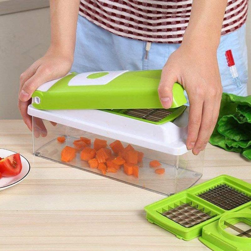 Efficient kitchen gadget for quick food prep, dicing vegetables, chopping fruits & grating cheese.